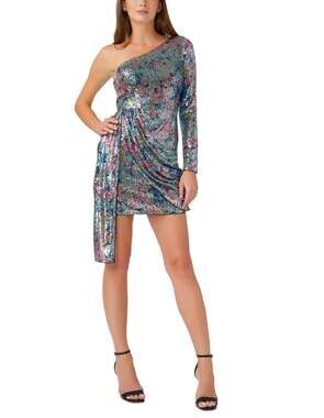 Aidan Mattox Blue Multi Cocktail Dress Sequin One Shoulder Mini Sheath Size 12